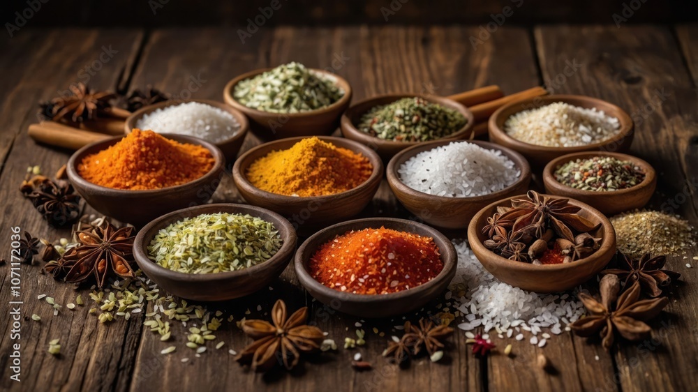 A variety of colorful spices and herbs displayed in small bowls on a wooden surface. A variety of colorful spices and herbs displayed in small bowls on a wooden surface.