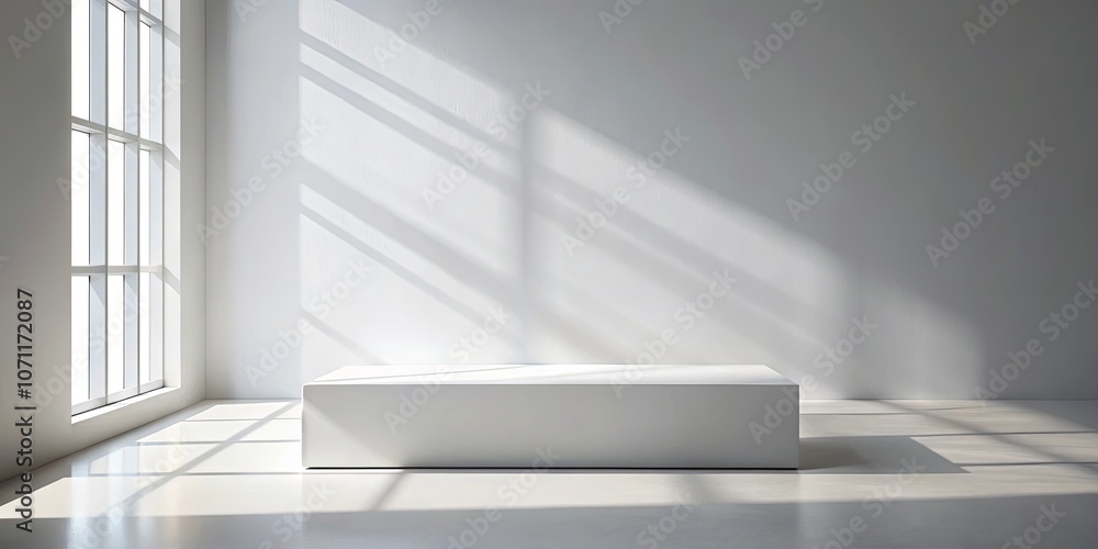Obraz premium A Minimalist White Room with a Rectangular Platform Illuminated by Sunlight Streaming Through a Window