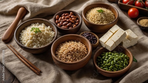 A selection of grains, legumes, and tofu arranged in bowls on a cloth, suggesting healthy eating.