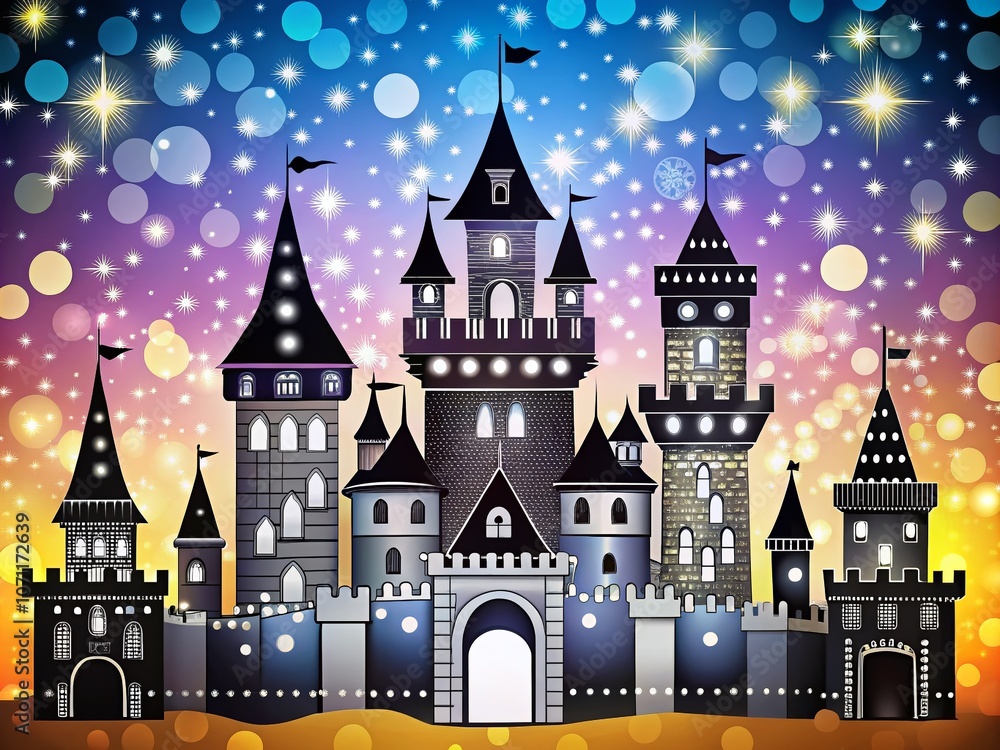 Fototapeta premium Stunning Black and White Vector Set of Castles and Fortresses Featuring Intricate Towers with Bokeh Effect for Unique Graphic Designs and Artistic Projects