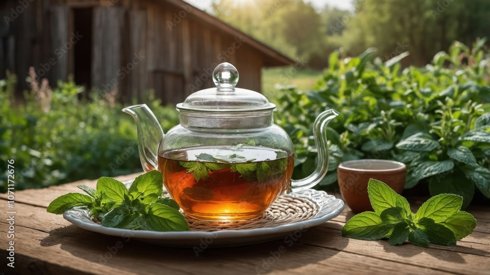 A serene tea setting with a glass teapot, fresh mint leaves, and a rustic background. A serene tea setting with a glass teapot, fresh mint leaves, and a rustic background.