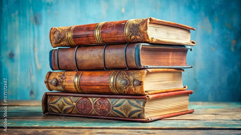 A Stack of Leather-Bound Volumes on a Rustic Wooden Surface, Each Book Embellished with Intricate Gold Designs A Stack of Leather-Bound Volumes on a Rustic Wooden Surface, Each Book Embellished with Intricate Gold Designs