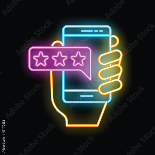 Neon sign of a hand holding a smartphone with a five stars review on the screen