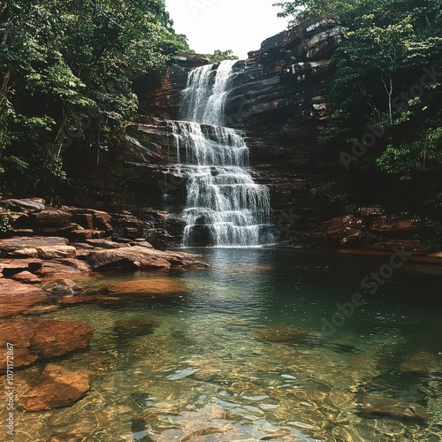 Stunning Waterfall Cascade in Lush Tropical Forest with Clear Rock Pool and Lush Greenery Perfect for Nature Lovers and Photography Enthusiasts photo