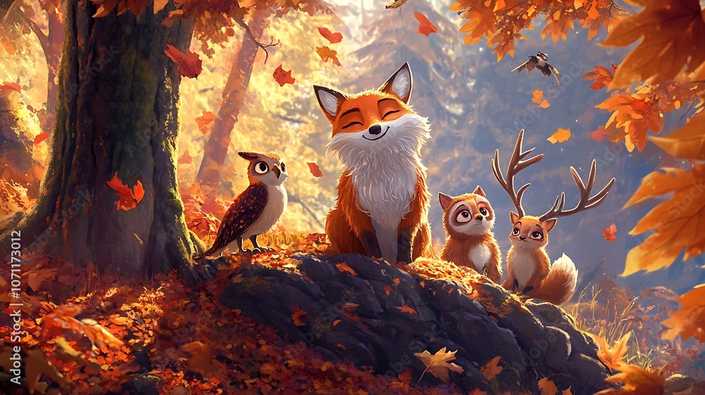 Fototapeta premium A detailed illustration of forest animals like a fox, deer, and owl in a soft, cartoon style, set against a cozy forest landscape with autumn leaves. 