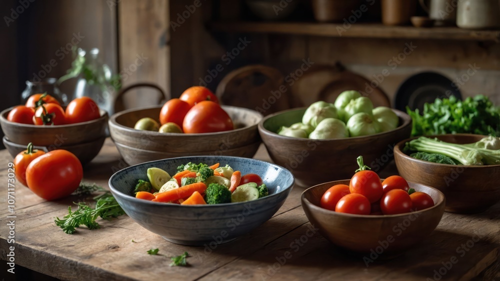 A rustic display of fresh vegetables in wooden bowls on a table. A rustic display of fresh vegetables in wooden bowls on a table.