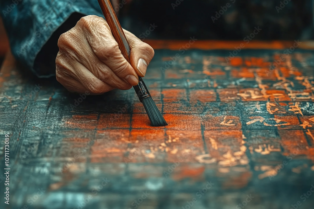 a calligraphers hand holding a brush over rice paper. a calligraphers hand holding a brush over rice paper.
