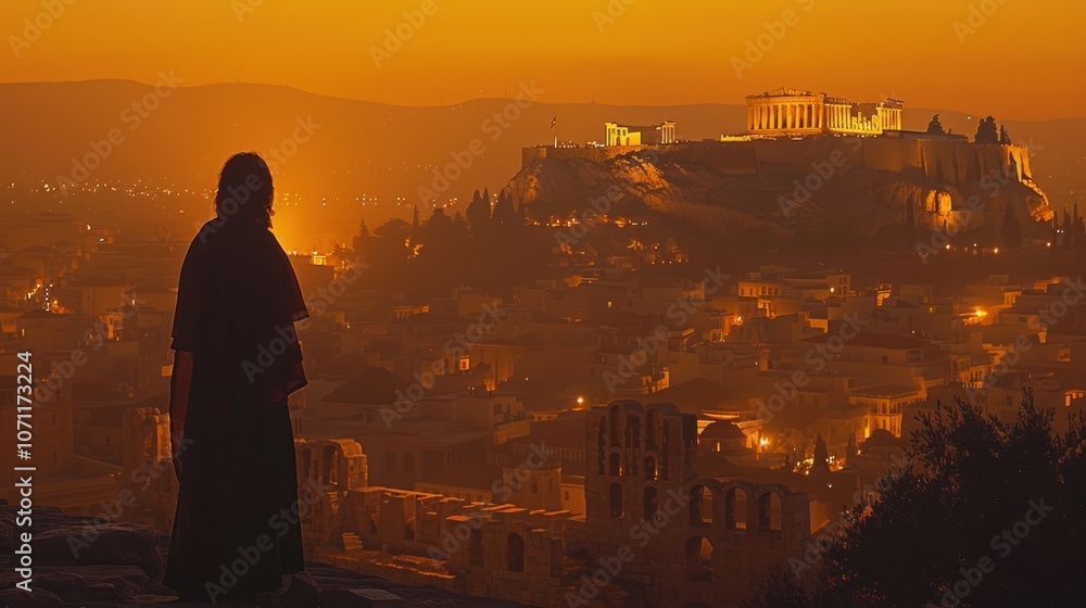 Fototapeta premium Silhouette of a Person Watching the Sunset Over Acropolis