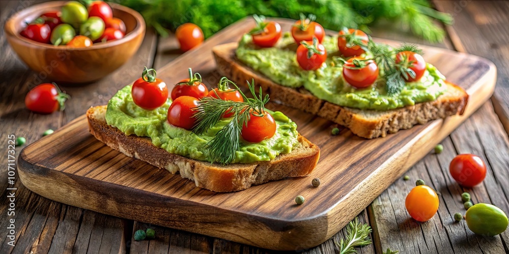 A rustic wooden board adorned with freshly made avocado toast, topped with vibrant red cherry tomatoes and sprigs of dill, evoking a sense of simple and wholesome goodness. A rustic wooden board adorned with freshly made avocado toast, topped with vibrant red cherry tomatoes and sprigs of dill, evoking a sense of simple and wholesome goodness.