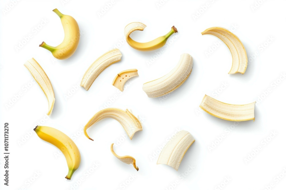 Banana peels arranged on a white background. AI. Banana peels arranged on a white background. AI.