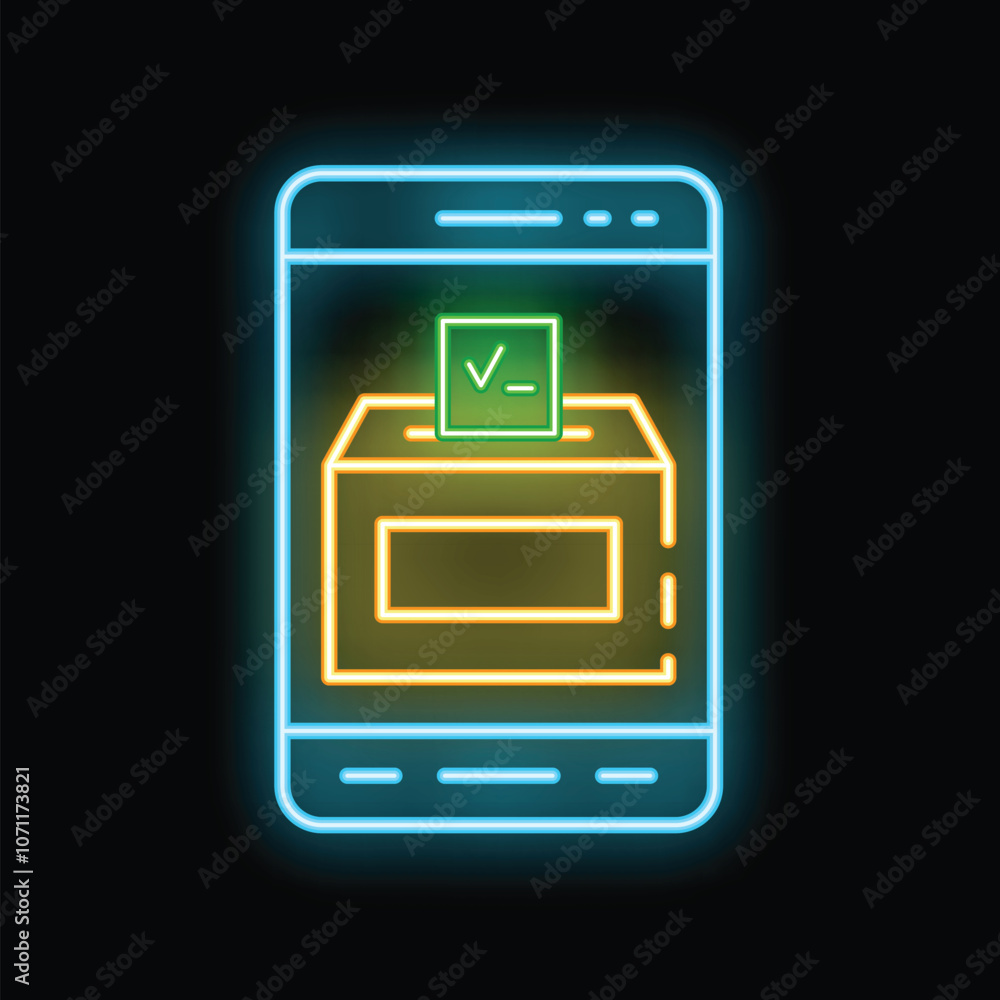 Neon sign representing online voting using a smartphone application with a ballot box and a check mark on the screen Neon sign representing online voting using a smartphone application with a ballot box and a check mark on the screen