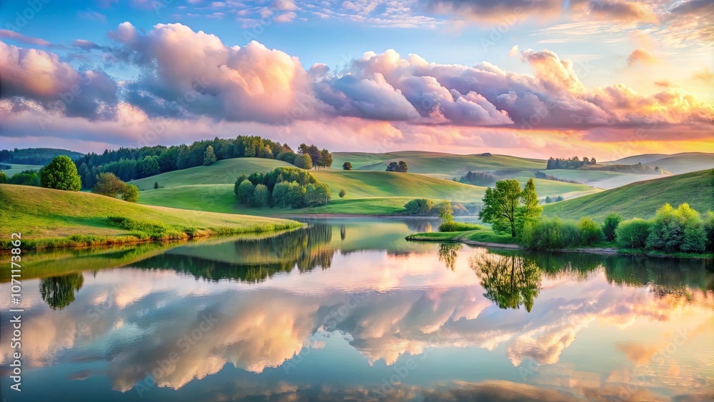 Serene Reflections of a Tranquil Lake Amidst Rolling Hills and a Sky Adorned with Vibrant Hues Serene Reflections of a Tranquil Lake Amidst Rolling Hills and a Sky Adorned with Vibrant Hues