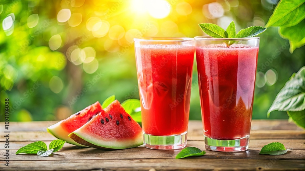 Refreshing Watermelon Juice with Slices and Mint Leaves on a Wooden Table in a Sunny Garden Refreshing Watermelon Juice with Slices and Mint Leaves on a Wooden Table in a Sunny Garden