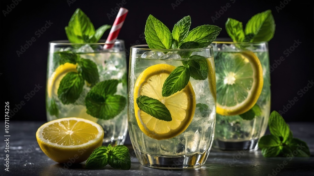 Refreshing drinks with lemon and mint in glasses, perfect for a summer gathering. Refreshing drinks with lemon and mint in glasses, perfect for a summer gathering.