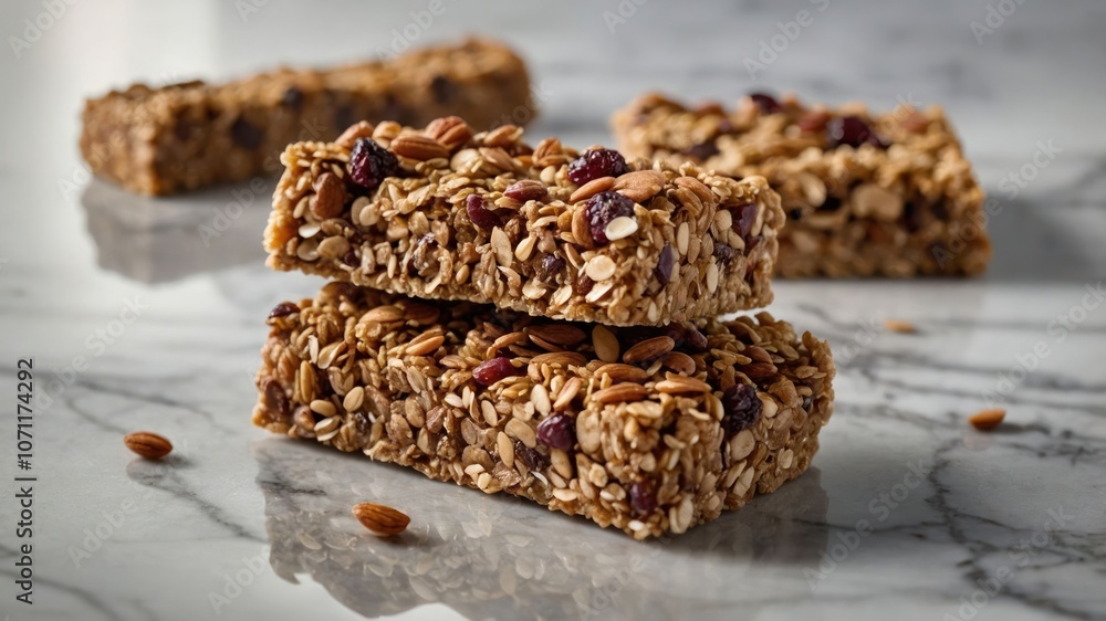 A close-up of granola bars stacked on a marble surface, showcasing a healthy snack option. A close-up of granola bars stacked on a marble surface, showcasing a healthy snack option.