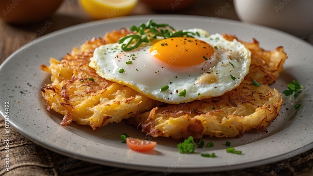 A plate of crispy hash browns topped with a sunny-side-up egg and garnished with herbs. A plate of crispy hash browns topped with a sunny-side-up egg and garnished with herbs.