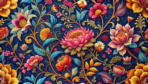 Wallpaper Mural A vibrant and intricate floral pattern featuring delicate blossoms and swirling vines on a deep blue background Torontodigital.ca