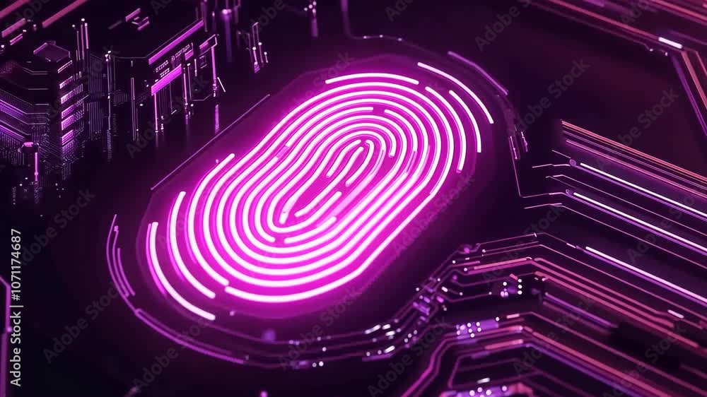 A glowing pink fingerprint sensor sits on a circuit board, illuminated against a dark background A glowing pink fingerprint sensor sits on a circuit board, illuminated against a dark background