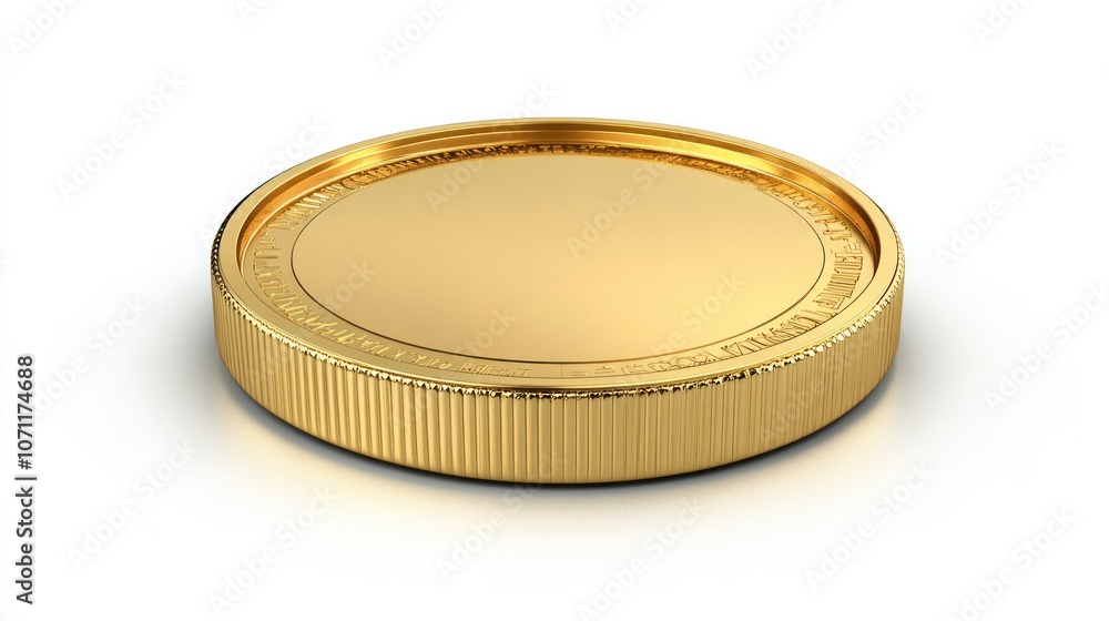 Isolated gold coin with reflective shine, 3D view on a bright white background. Isolated gold coin with reflective shine, 3D view on a bright white background.