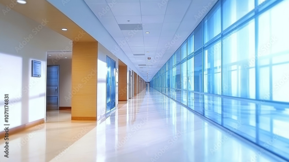 Modern, Empty Hospital Corridor with Sunlight, Long Hallway, Clean Design, Medical Building Interior Modern, Empty Hospital Corridor with Sunlight, Long Hallway, Clean Design, Medical Building Interior