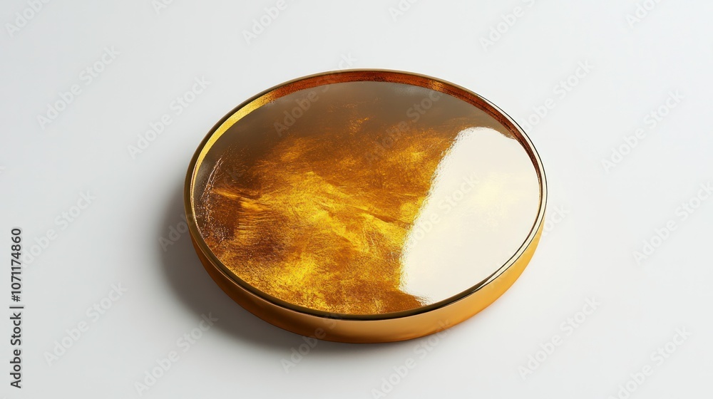 Isometric view of a reflective gold coin, detailed metallic finish, isolated on a white background. Isometric view of a reflective gold coin, detailed metallic finish, isolated on a white background.