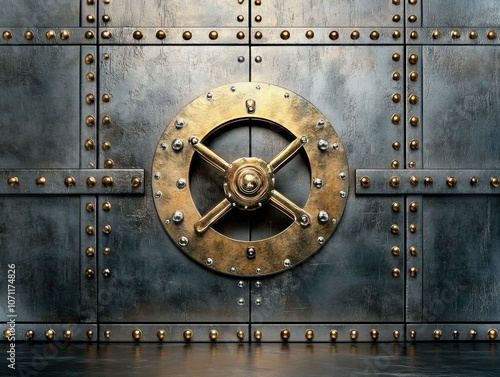 A metal door with a large, round, gold-rimmed knob. AI.
