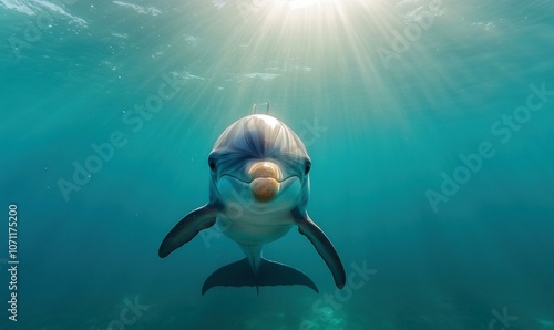 A dolphin swims towards the camera in clear blue water. AI. photo