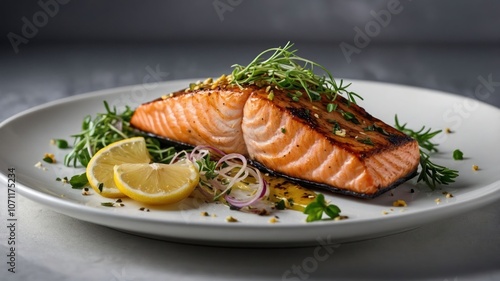 A beautifully plated salmon dish garnished with herbs and lemon, showcasing culinary presentation.