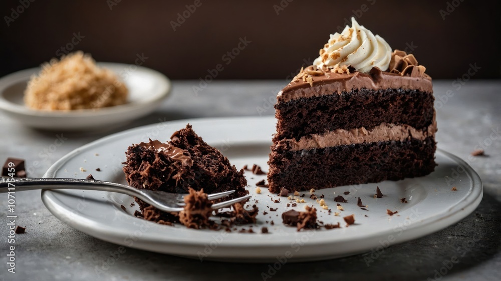 A slice of rich chocolate cake with frosting, served on a plate with a fork. A slice of rich chocolate cake with frosting, served on a plate with a fork.