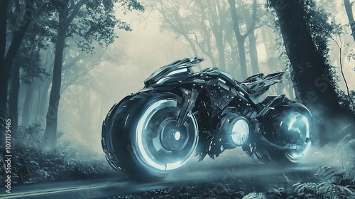 A super cool ultra-modern shiny Mecha motorcycle in a misty forest, evoking the essence of a Chinese ink painting. The sleek, futuristic design of the motorcycle contrasts with the traditional ink  photo