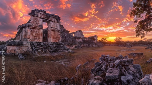 Ancient Mayan Ruins at Sunset