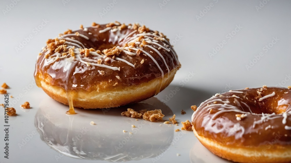 Two glazed donuts topped with crumbs and drizzled icing on a reflective surface. Two glazed donuts topped with crumbs and drizzled icing on a reflective surface.