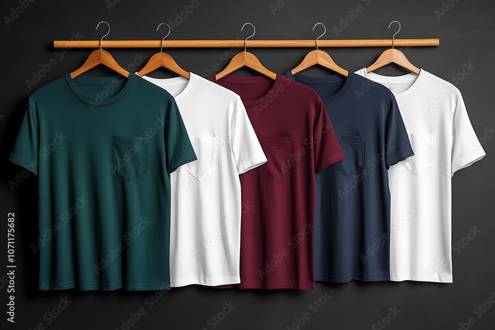 Plain t-shirts of various colors are hung on the clothes rack. Plain t-shirts of various colors are hung on the clothes rack.
