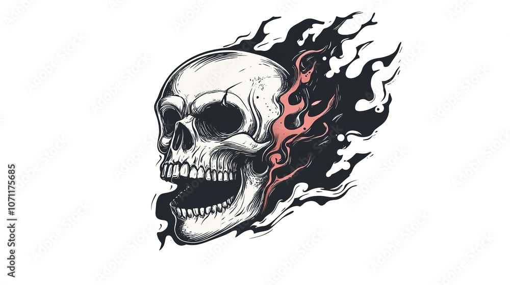 Fototapeta premium A vector logo featuring a flaming skull in a doodle style, with bold outlines and dynamic flames swirling around the skull. The design is intricate yet playful, 