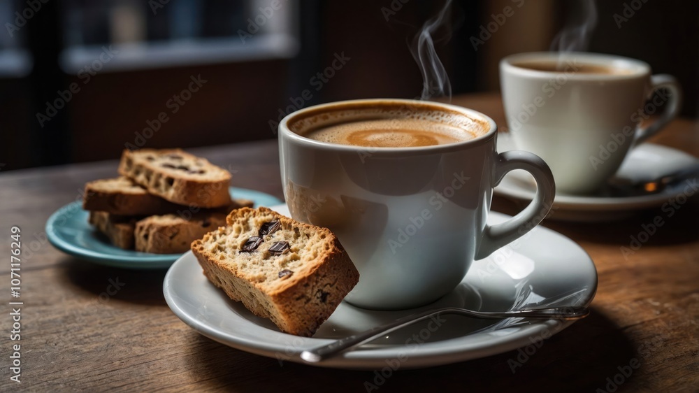 A cozy scene featuring a steaming cup of coffee and biscotti on a wooden table. A cozy scene featuring a steaming cup of coffee and biscotti on a wooden table.
