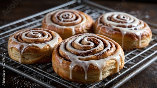 Freshly baked cinnamon rolls drizzled with icing on a cooling rack.