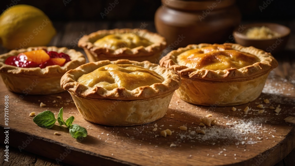 A rustic display of assorted fruit pies on a wooden board, highlighting their golden crusts. A rustic display of assorted fruit pies on a wooden board, highlighting their golden crusts.