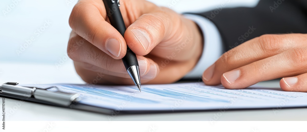 A hand writing on a paper with a pen, focused on professional tasks and organization. A hand writing on a paper with a pen, focused on professional tasks and organization.