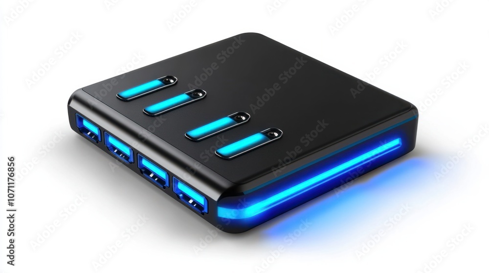 Portable battery charger with USB ports, isolated on white, representing mobile charging solutions Portable battery charger with USB ports, isolated on white, representing mobile charging solutions