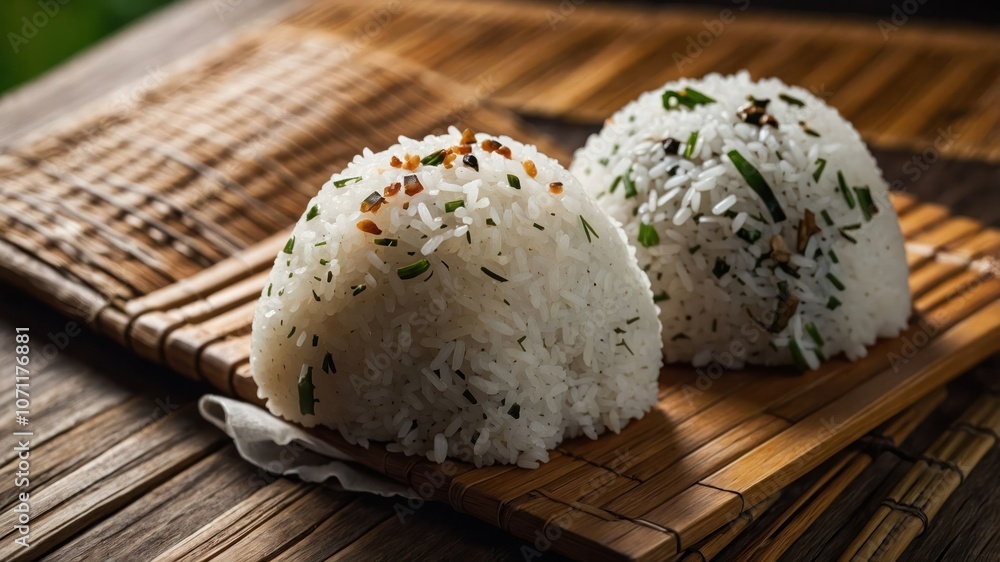 Two rice balls garnished with herbs, served on a bamboo mat, showcasing traditional cuisine. Two rice balls garnished with herbs, served on a bamboo mat, showcasing traditional cuisine.