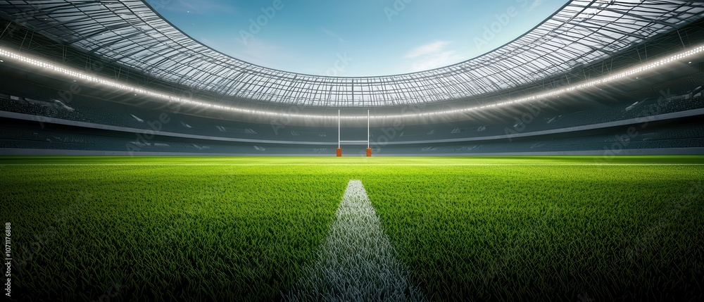 Obraz premium A panoramic view of a rugby stadium with a pristine green field and goalposts under a clear blue sky.