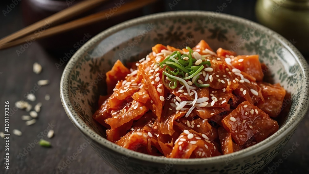 A bowl of spicy marinated vegetables garnished with sesame seeds and green onions. A bowl of spicy marinated vegetables garnished with sesame seeds and green onions.