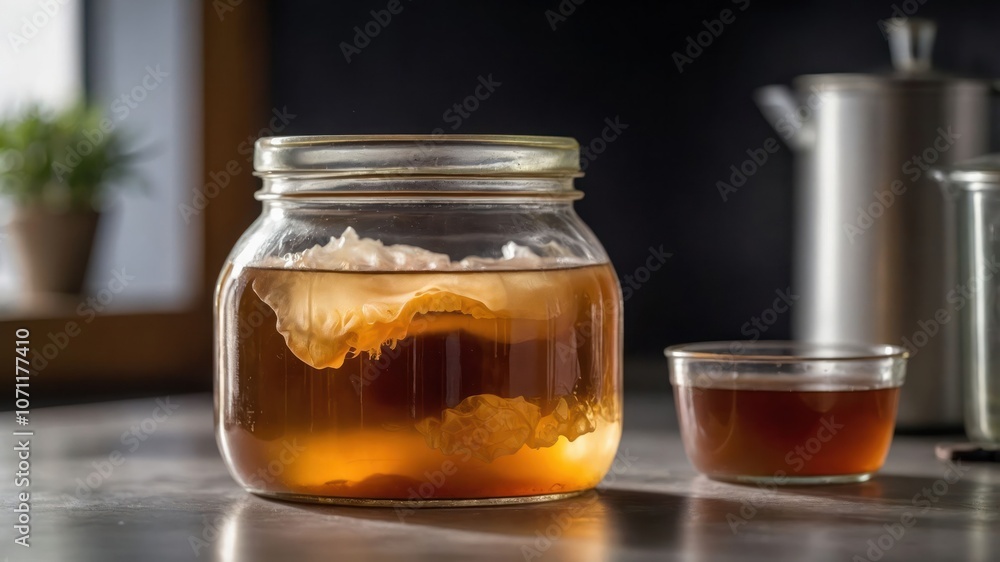 A jar of kombucha fermentation with a smaller glass of finished drink beside it. A jar of kombucha fermentation with a smaller glass of finished drink beside it.