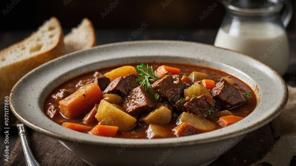 A hearty bowl of beef stew with vegetables, accompanied by bread and milk. A hearty bowl of beef stew with vegetables, accompanied by bread and milk.