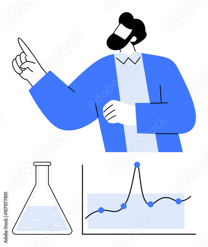 Scientist gesturing lab flask graph with data points. Ideal for learning, science, education, research, analytics, presentation, innovation. Line metaphor