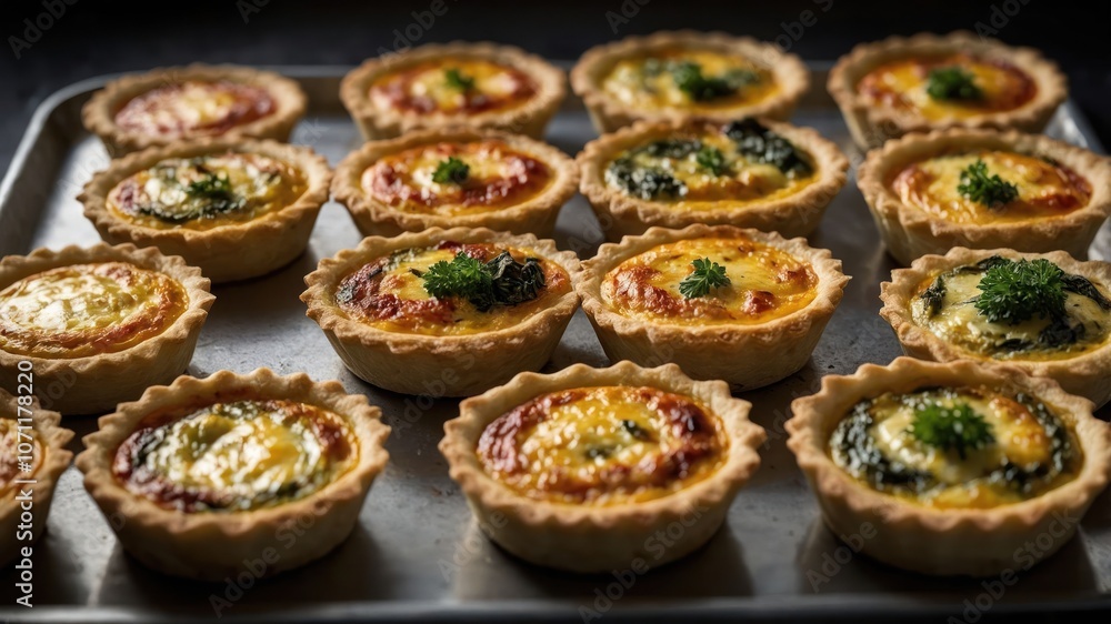 A tray of assorted mini quiches with various fillings, garnished with green herbs. A tray of assorted mini quiches with various fillings, garnished with green herbs.