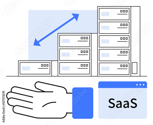 Servers represent digital infrastructure, graph indicates growth, and open hand symbolizes support. Ideal for business, technology, cloud computing, software as a service SaaS, growth support. Line