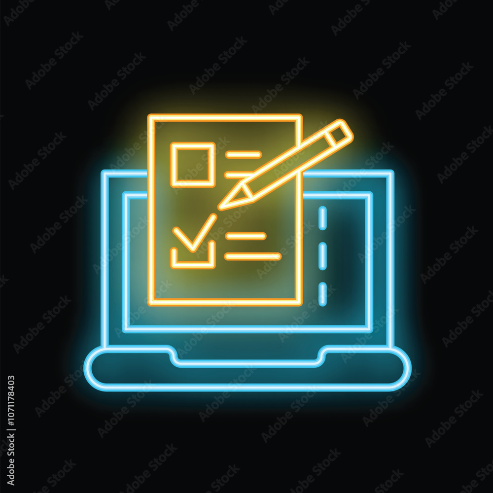 Neon icon of an online survey being filled out on a laptop, representing online education or business concepts Neon icon of an online survey being filled out on a laptop, representing online education or business concepts