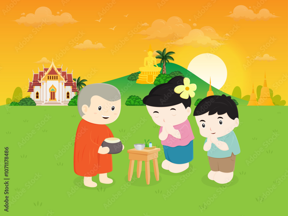 The family are making merit by giving alms to monks cartoon illustration design The family are making merit by giving alms to monks cartoon illustration design