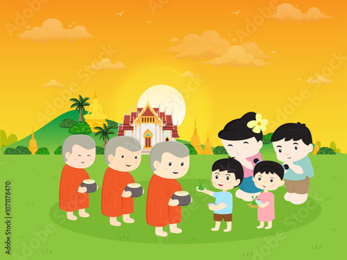 The family are making merit by giving alms to monks cartoon illustration design
